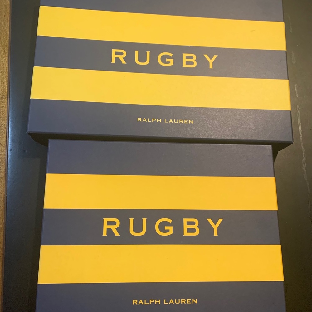 2 Rugby Ralph Lauren gift boxes & wrapping paper